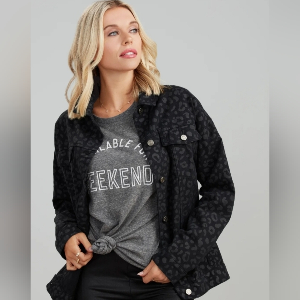 NWT Black Denim Jacket With Leopard Print